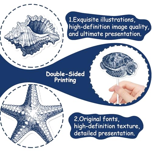 36PCS Ocean Animal Cupcake Toppers - Vintage Blue Whales & Starfish