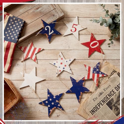 Chumia Patriotic Wooden Star Garland Red White and Blue Bunting for 4th of July