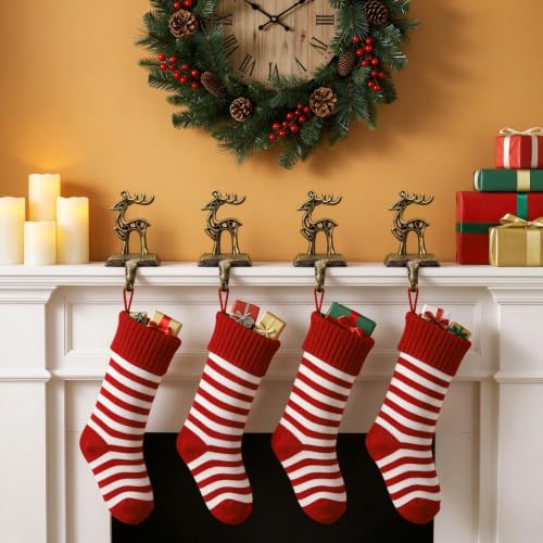 Reindeer Christmas Stocking Holders Set - Heavy Duty Cast Iron Mantel Hooks - Rustic Holiday Home Decor