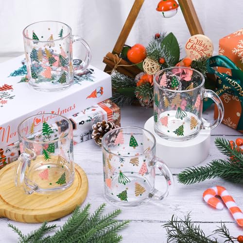 Clear Christmas Tree Glass Coffee Mugs Set - 4 Pcs Holiday Drinkware