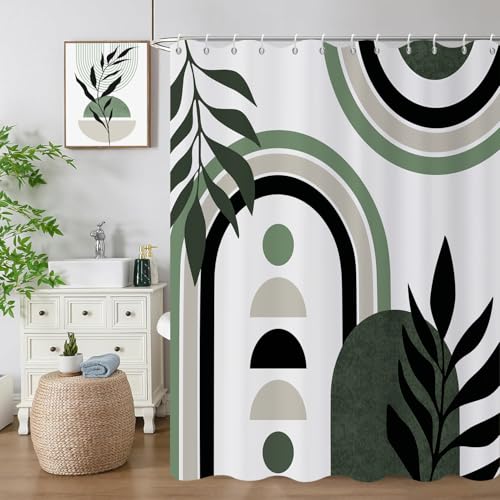 Mid Century Boho Shower Curtain, Green White Black, 72" x 72"