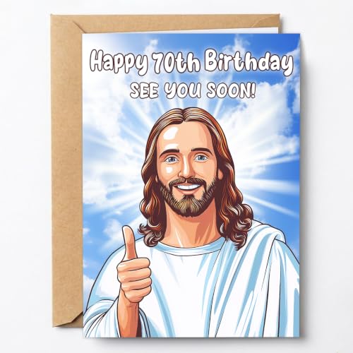 PTRUKD Funny 70th Birthday Card BIR-KM-405 – Hilarious Jesus Humor