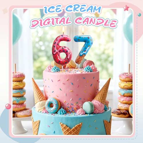 67 Meme Birthday Candle - Dripping Donut Ice Cream Cake Topper, Blue & Pink