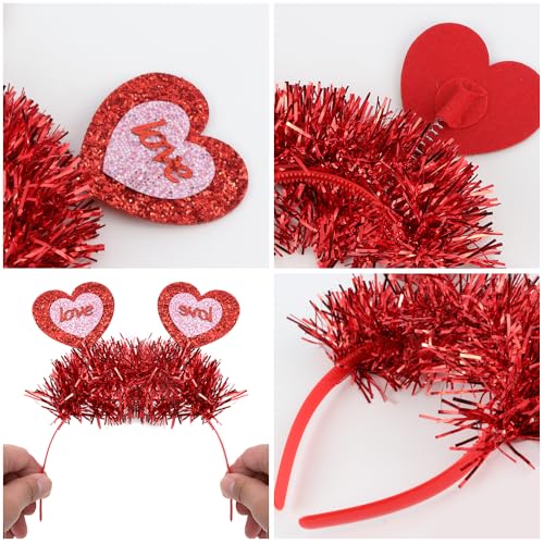 AHONEY Red Heart Headband with Glitter Tinsel for Valentine's Day