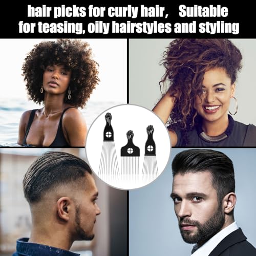 3 Pack Metal Afro Hair Picks - Stainless Steel Wide-Tooth Combs