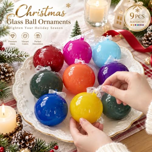 FoldTier 9pcs 3-Inch Colorful Glass Christmas Ornaments - Warm Color Variation