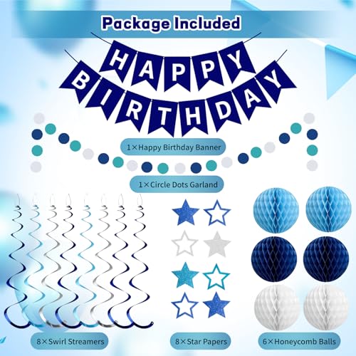 Blue and White Happy Birthday Decoration Set with Glitter Party Supplies