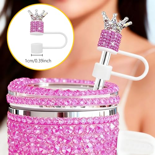 3Pcs Crown Diamond Straw Toppers Set for Stanley Cup - Bling Straw Covers with Glittering Rhinestones for 30 & 40 Oz Tumblers,21 Colors for Princess Girls Gift (Hot Pink)