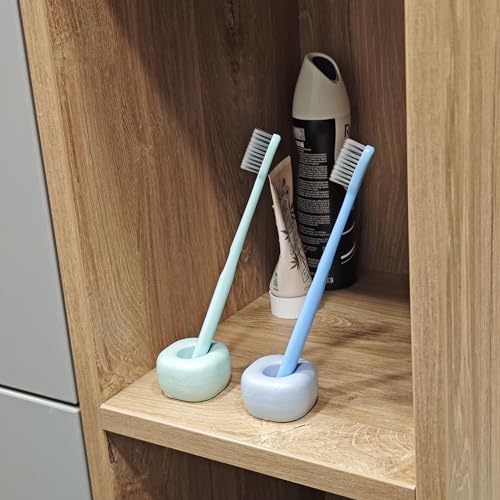 ABAZANA Green Matte Ceramic Mini Toothbrush Holder - Pack of 2, Compact & Quick Drying