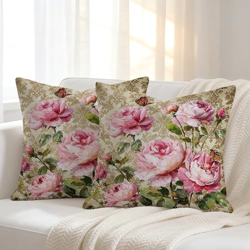 Vintage Pink Rose Floral Pillow Covers 18x18 Inch Set of 2