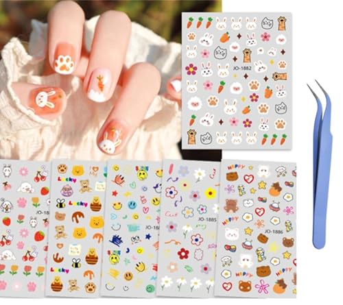 Cute Nail Stickers for Kids 6 Sheets Self Adhesive Decals Animals Fruits