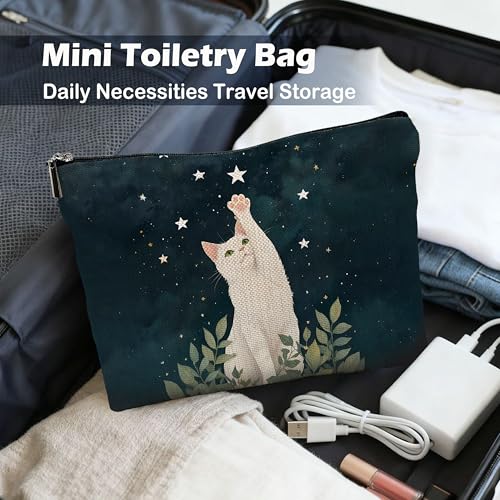 Starry Night Cat Makeup Bag Whimsical Linen Cosmetic Pouch