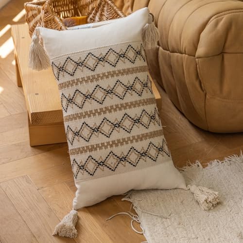 vctops Boho Cotton Linen Lumbar Pillow Cover 12x20 Inch with Tassels