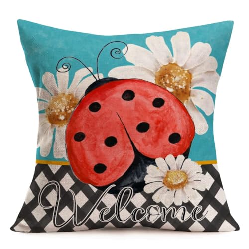 Ladybug Throw Pillow Cover 18 x 18 Inch Summer Daisy Cotton Linen Cushion Case