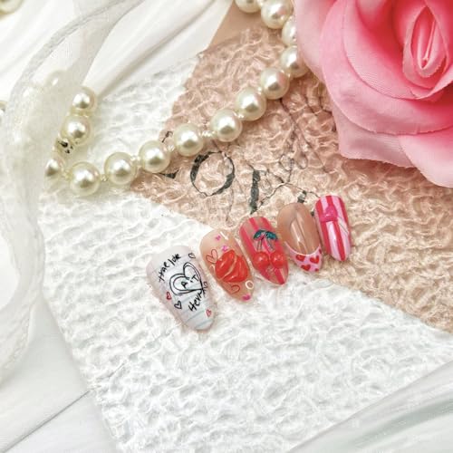 Valentines Press on Nails Short Almond French Tip Fake Nails 30pcs