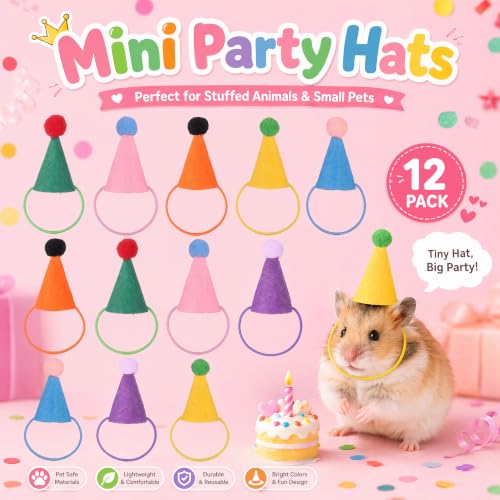 12 Pcs Mini Party Hats for Stuffed Animals, Figures, and Cake Toppers