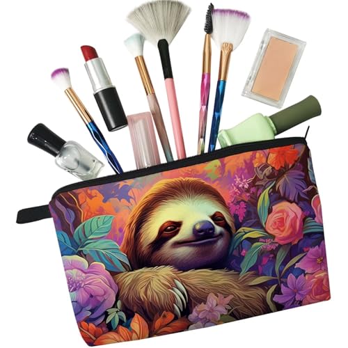 Floral Sloth Makeup Bag Padded Cosmetic Organizer Zipper Pouch for Women