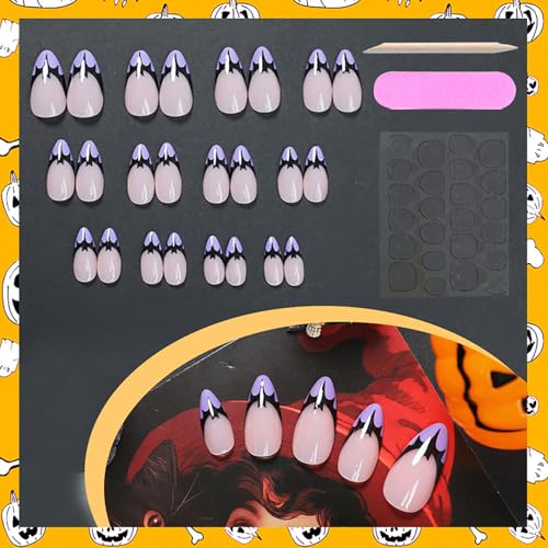 Halloween Press on Nails Short Almond False Nails Black Bat Purple French Tip