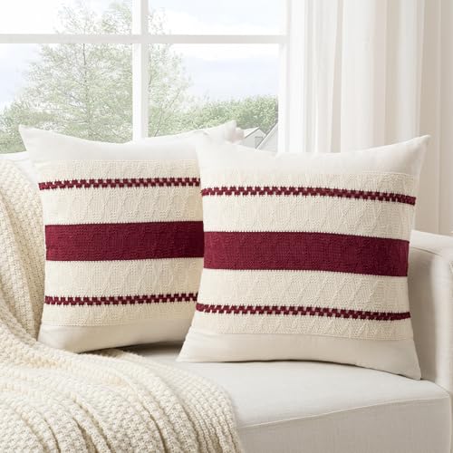 26x26 Inch Set of 2 Burgundy Boho Decorative Throw Pillow Covers - Cotton & Textured Cushion Cases