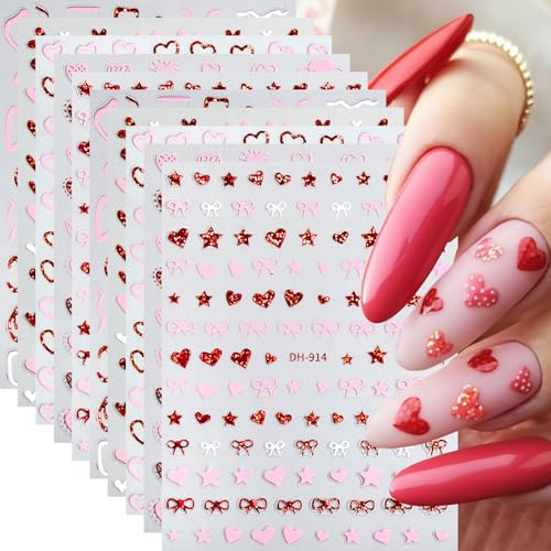 Abxqa 10 Sheets Valentine Nail Art Stickers 3D Self Adhesive Heart Bow Decals