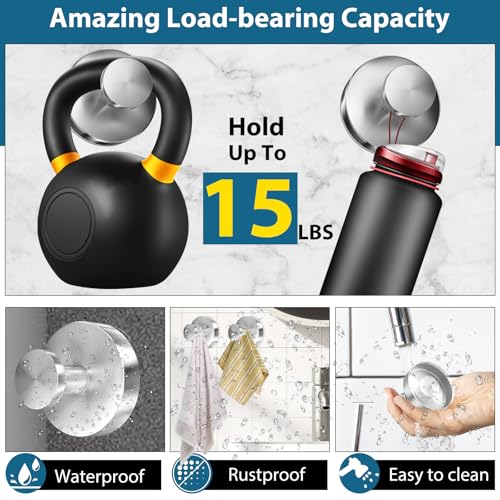 AbluFirst Suction Cup Hooks for Shower - 2 PCS Loofah-Silver, No-Drill Towel Holder, Waterproof & Rustproof, Holds Up to 15 lbs