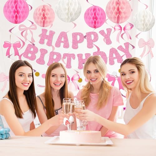 Amandir Pink Birthday Decorations Set with Glitter Banner & Bow Cutouts
