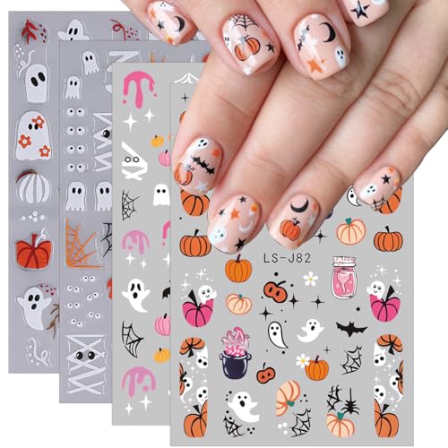 Halloween Nail Stickers 4 Sheets - Cute Ghost Skull Pumpkin 3D Self-Adhesive Decals for DIY Manicure