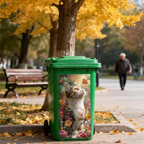 Cat and Butterfly Trash Can Sticker - 15x32 Inch PVC Decal