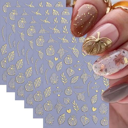 Autumn Nail Art Stickers - 6 Sheets 3D Gold Leaf Pumpkin & Maple Decals