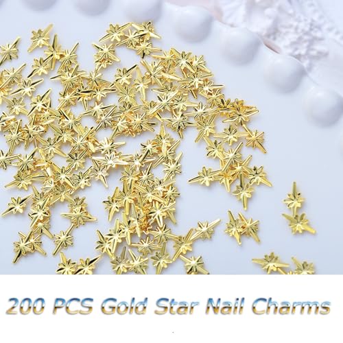 WULIUFLY 200Pcs Gold Star Nail Charms - 3D Alloy Retro Nail Gems & Art Supplies