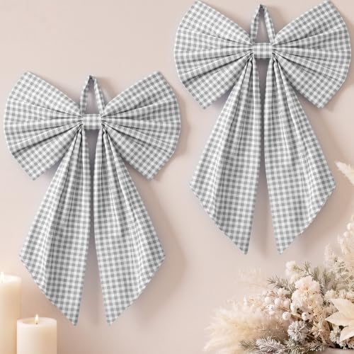 Grey Christmas Gingham Wreath Bow | 18" x 12" Holiday Door Decor