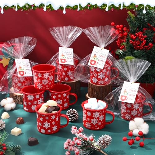 Christmas Enamel Mug Set 24 Pcs with Snowflake & Gingerbread Cards - Red