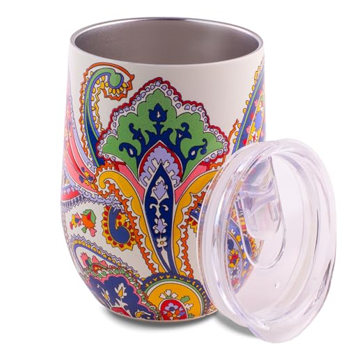 Insulated Wine Tumbler, 12 Ounce Travel Cup, Stainless Steel Tumbler with Lid (Harbor Paisley)