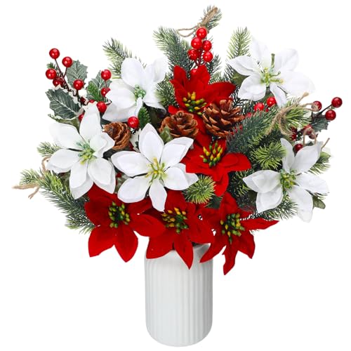 Artificial Christmas Poinsettia Flowers Stem Picks - Red, Green, White Set of 20