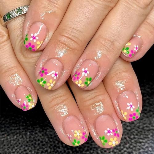 BSBTBZ Flower Press-on Nails Short Square Glossy Acrylic French Tip False Nails