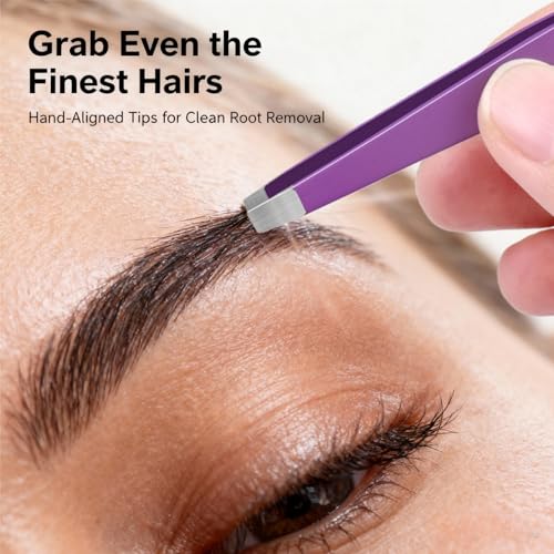 Purple Tweezers Set, 4 Pack Stainless Steel Precision Eyebrow Tweezers