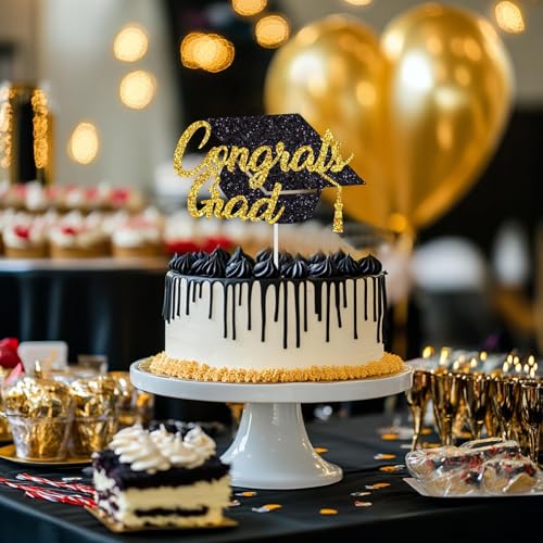 Congrats Grad Cake Topper - Class of 2026 Black Gold Decoration