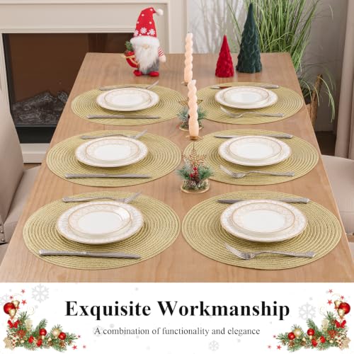 Set of 8 Gold Round Braided Placemats - 15 Inch Washable Table Mats for Dining & Holiday