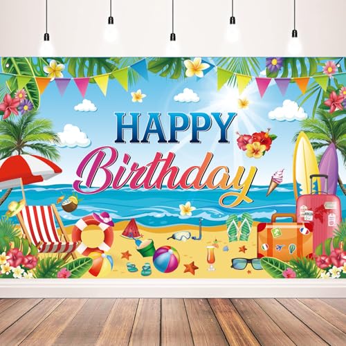 Happy Birthday Tropical Beach Backdrop - Hawaiian Luau Party Banner, 71 x 43 Inch