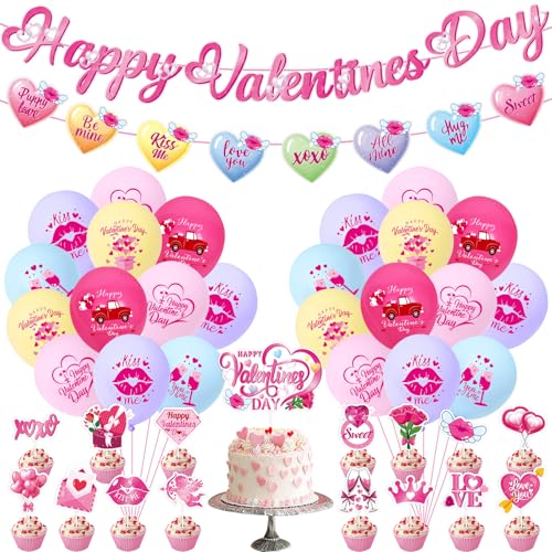 Valentine's Day Decorations Kit - Banners, Balloons & Cupcake Toppers