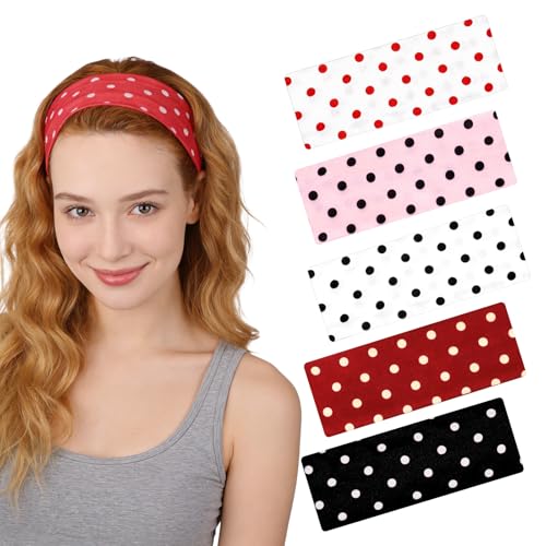 RAHHLIZS 5-Piece Polka Dot Headbands for Women Non-Slip Elastic Hair Bands