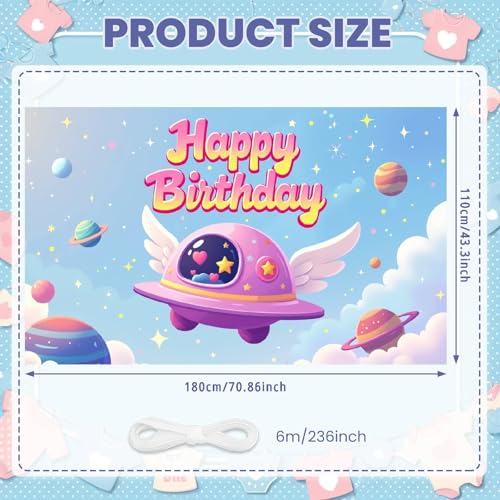 Pink Space Birthday Backdrop Galaxy Planet Rocket Party Banner 35x70