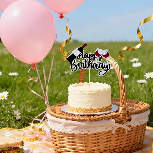 Black Glitter Happy Birthday Cake Topper with Wine Glasses