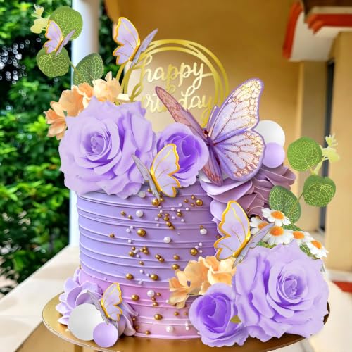 Purple Flower Butterfly Cake Toppers for Birthday & Wedding