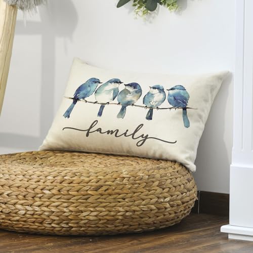 Bluebird Family Watercolor Throw Pillow Cover - 12x20 Inch