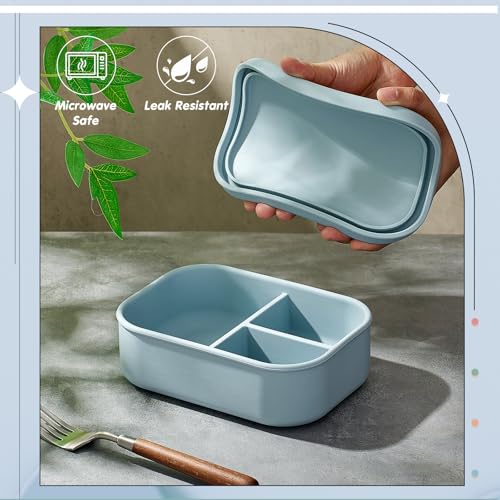 Layhit 27 oz Silicone Bento Box, 3 Compartment Leakproof Lunch Container