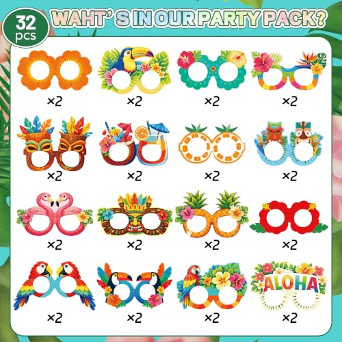 32 Pack Hawaiian Luau Party Glasses - Tropical Photo Props