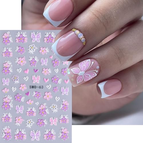 KAICCOSO 5D Embossed Floral Nail Art Stickers Butterfly Daisy Decals 2Pcs
