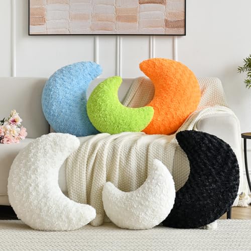 Moon Shaped Faux Fur Throw Pillow - Soft Decorative Half Moon Cushion, White