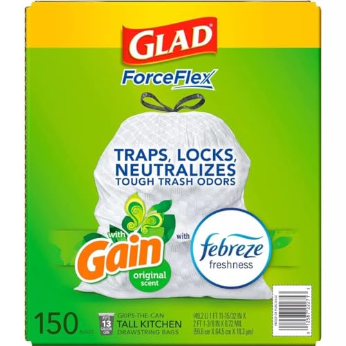 Glad ForceFlex 13 Gallon Drawstring Trash Bags, Gain Scent, 150 Count